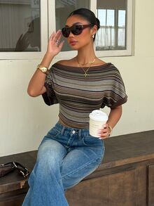 Muchica Women's Brown Striped Colorblock Asymmetric Shoulder Casual Street Wear Y2k Versatile Daily Wear Top Going Out Summer - Multicolor - View 6