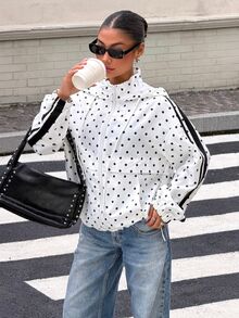 Muchica Women's Polka Dot Print Hooded Jacket - Black and White - View 1