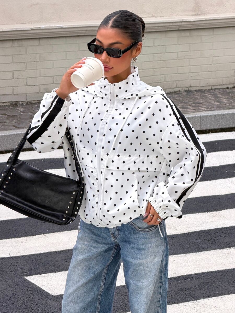 Muchica Women's Polka Dot Print Hooded Jacket - Black and White - View 1