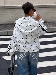 Muchica Women's Polka Dot Print Hooded Jacket - Black and White - View 2