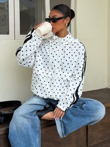 Muchica Women's Polka Dot Print Hooded Jacket - Black and White - View 6