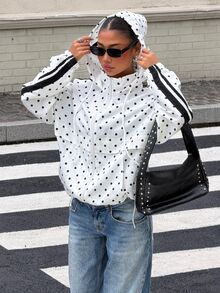 Muchica Women's Polka Dot Print Hooded Jacket - Black and White - View 5