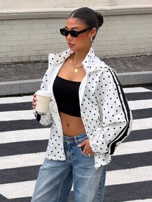 Muchica Women's Polka Dot Print Hooded Jacket - Black and White - View 7