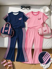 Cute Vintage Mini Dachshund Embroidery Pattern, Striped Colorblock, Young Girl Casual Minimalist Short Sleeve Basic T-Shirt And Casual Flare Pants 2 Pieces Set Suitable For Daily, Homecoming, Back To School, Young Girls Campus Chic - Multicolor - View 4