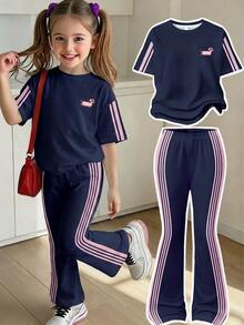 Cute Vintage Mini Dachshund Embroidery Pattern, Striped Colorblock, Young Girl Casual Minimalist Short Sleeve Basic T-Shirt And Casual Flare Pants 2 Pieces Set Suitable For Daily, Homecoming, Back To School, Young Girls Campus Chic - Multicolor - View 3