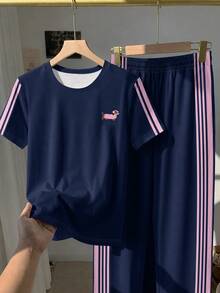 Cute Vintage Mini Dachshund Embroidery Pattern, Striped Colorblock, Young Girl Casual Minimalist Short Sleeve Basic T-Shirt And Casual Flare Pants 2 Pieces Set Suitable For Daily, Homecoming, Back To School, Young Girls Campus Chic - Multicolor - View 8