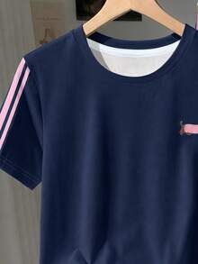 Cute Vintage Mini Dachshund Embroidery Pattern, Striped Colorblock, Young Girl Casual Minimalist Short Sleeve Basic T-Shirt And Casual Flare Pants 2 Pieces Set Suitable For Daily, Homecoming, Back To School, Young Girls Campus Chic - Multicolor - View 5