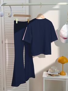 Cute Vintage Mini Dachshund Embroidery Pattern, Striped Colorblock, Young Girl Casual Minimalist Short Sleeve Basic T-Shirt And Casual Flare Pants 2 Pieces Set Suitable For Daily, Homecoming, Back To School, Young Girls Campus Chic - Multicolor - View 2
