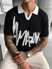 Manfinity LEGND 男士時尚提花對比色短袖針織上衣，透氣半透明輕量上衣，適合夏季休閒度假海灘 - 黑色 - 查看 2