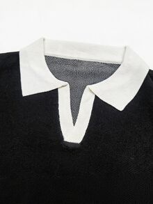 Manfinity LEGND 男士時尚提花對比色短袖針織上衣，透氣半透明輕量上衣，適合夏季休閒度假海灘 - 黑色 - 查看 6
