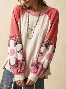 Bohemela 女款秋季休閒波希米亞風 70 年代針織拼接寬鬆衛衣，適合返校、日間外出度假、Y2K、假日、鄉村風 - 杏色 - 查看 3