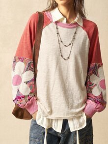 Bohemela 女款秋季休閒波希米亞風 70 年代針織拼接寬鬆衛衣，適合返校、日間外出度假、Y2K、假日、鄉村風 - 杏色 - 查看 2