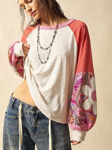 Bohemela 女款秋季休閒波希米亞風 70 年代針織拼接寬鬆衛衣，適合返校、日間外出度假、Y2K、假日、鄉村風 - 杏色 - 查看 5