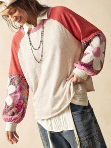Bohemela 女款秋季休閒波希米亞風 70 年代針織拼接寬鬆衛衣，適合返校、日間外出度假、Y2K、假日、鄉村風 - 杏色 - 查看 4