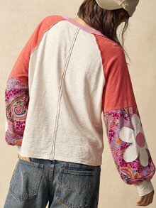 Bohemela 女款秋季休閒波希米亞風 70 年代針織拼接寬鬆衛衣，適合返校、日間外出度假、Y2K、假日、鄉村風 - 杏色 - 查看 7