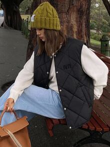 DAZY Lightweight Sleeveless Padded Vest Jacket, Quilted Pattern, Loose Casual Streetwear Embroidered Letter Design, Women Cotton Outerwear, Autumn Black - Black - View 7
