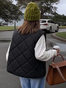 DAZY Lightweight Sleeveless Padded Vest Jacket, Quilted Pattern, Loose Casual Streetwear Embroidered Letter Design, Women Cotton Outerwear, Autumn Black - Black - View 3