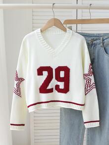 SHEIN 1件女款V領時尚復古拼色「29」提花圖案針織衫，休閒運動風，袖側星星提花圖案設計，簡約寬鬆針織套頭衫，適中厚度，整潔下擺，設計精緻，適合單穿，適用日常穿著與戶外運動，秋冬穿搭 - 白色 - 查看 9