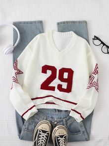 SHEIN 1件女款V領時尚復古拼色「29」提花圖案針織衫，休閒運動風，袖側星星提花圖案設計，簡約寬鬆針織套頭衫，適中厚度，整潔下擺，設計精緻，適合單穿，適用日常穿著與戶外運動，秋冬穿搭 - 白色 - 查看 5