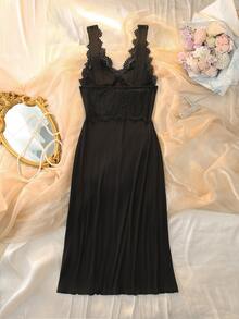 DelicateAllure French Elegant Romantic Lace Patchwork Camisole Nightgown For Women - Black - View 2