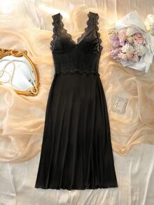 DelicateAllure French Elegant Romantic Lace Patchwork Camisole Nightgown For Women - Black - View 1