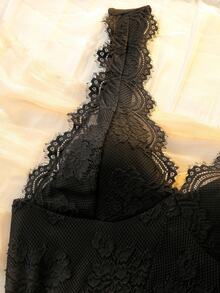 DelicateAllure French Elegant Romantic Lace Patchwork Camisole Nightgown For Women - Black - View 3
