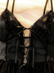 DelicateAllure Sexy Romantic Sexy Spaghetti Strap Mesh Nightgown For Women - Black - View 4