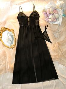 DelicateAllure Sexy Romantic Sexy Spaghetti Strap Mesh Nightgown For Women - Black - View 2