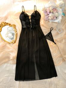 DelicateAllure Sexy Romantic Sexy Spaghetti Strap Mesh Nightgown For Women - Black - View 1