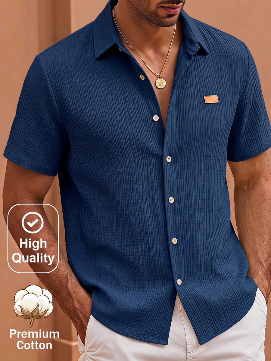 HIMLAND Men's Woven Casual Short Sleeve Shirt - Navy Blue - View 1