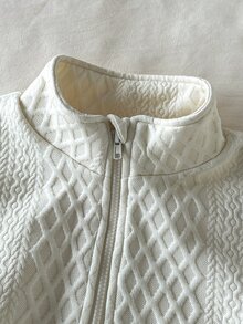 SHEIN 2件組少女針織紋理半拉鍊上衣與長褲休閒經典百搭杏色兩件套 - 杏色 - 查看 5