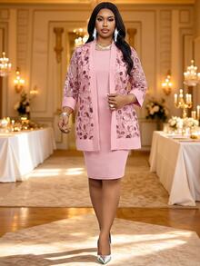 Fleurora Plus Size Women's Sequin Mesh 3/4 Sleeve Outerwear And Dress Elegant Business Casual 2 Pieces Set Wedding Dates Formal Pink Light Pink Summer - Dusty Pink - View 5