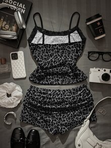 Attitoon Women's Casual Vintage Lace Patchwork Ruched Camisole Top And Low Waist Mini Bodycon Shorts Set, Suitable For Y2K, Vintage, Leopard Print - Multicolor - View 3