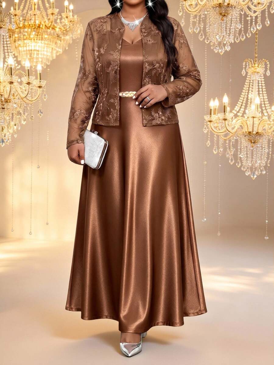 Fleurora طقم نسائي مقاس كبير من قطعتين فستان بلون موحد وكارديجان بأكمام طويلة بتصميم عصري - قهوة بني - مشاهدة 1