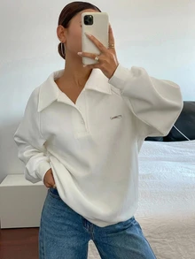 Livesso 纯色宽松马球领长袖女式运动衫，带金属标志，秋季女装 - 白色 - 查看 6
