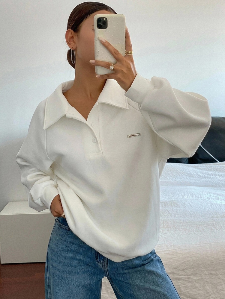 Livesso Solid Color Loose Fit Polo Collar Long Sleeve Women Sweatshirt With Metal Logo,Fall Women Clothes - White - View 6
