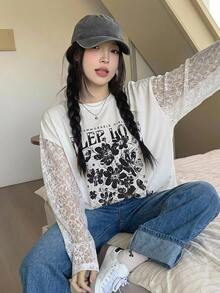 Livesso 女士撞色蕾丝字母印花宽松休闲夏季T恤图案T恤超大款T恤花卉图案 - 白色 - 查看 7