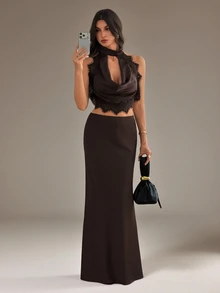 SHEIN Tall Women's Lace Patchwork Halter Top And Skirt Fashion 2 Pieces Set - Coffee Brown - View 4