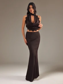 SHEIN Tall Women's Lace Patchwork Halter Top And Skirt Fashion 2 Pieces Set - Coffee Brown - View 7