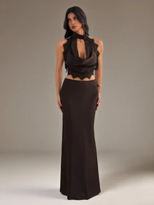 SHEIN Tall Women's Lace Patchwork Halter Top And Skirt Fashion 2 Pieces Set - Coffee Brown - View 8