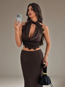 SHEIN Tall Women's Lace Patchwork Halter Top And Skirt Fashion 2 Pieces Set - Coffee Brown - View 6