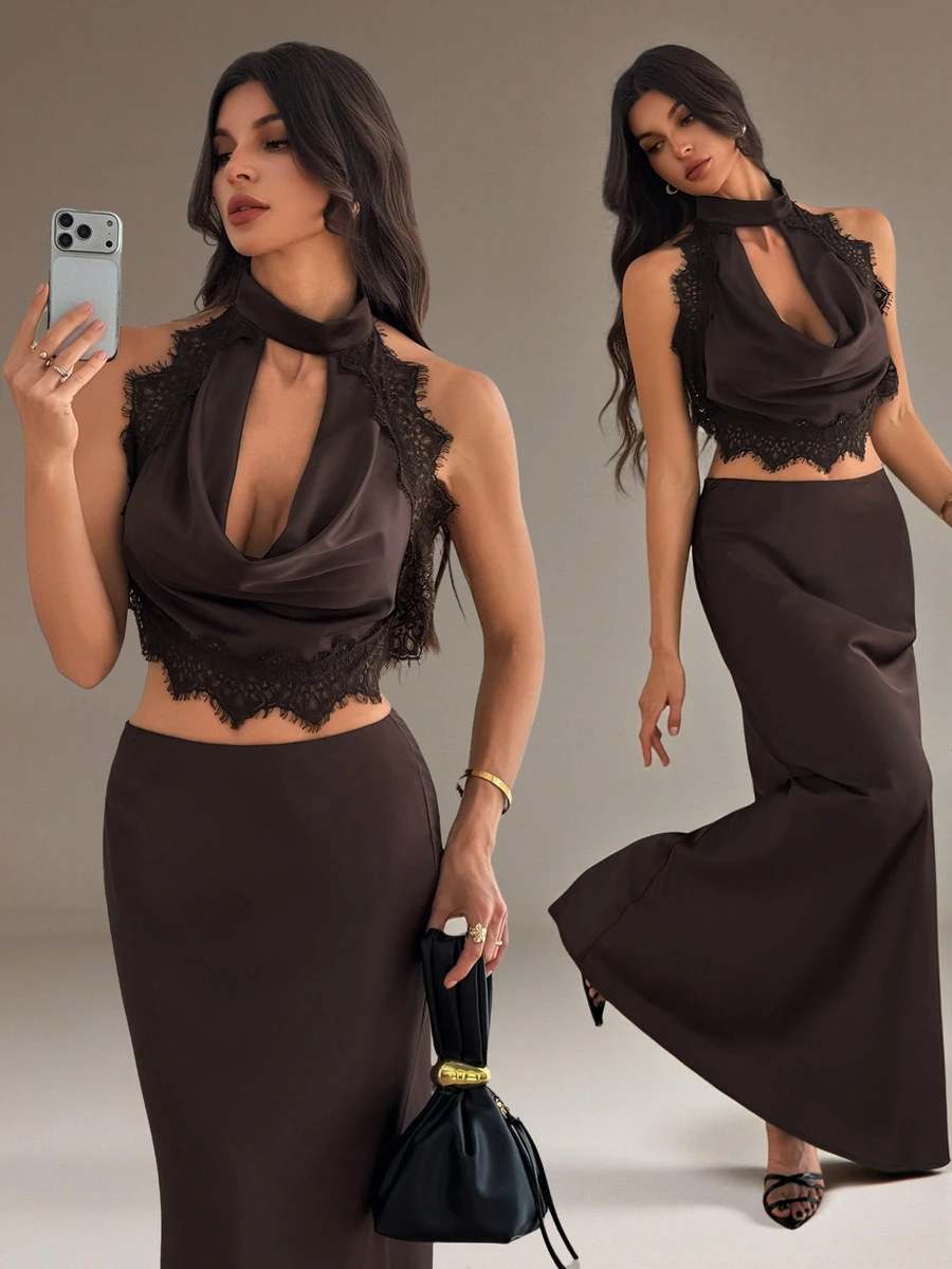 SHEIN Tall Women's Lace Patchwork Halter Top And Skirt Fashion 2 Pieces Set - Coffee Brown - View 1