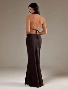 SHEIN Tall Women's Lace Patchwork Halter Top And Skirt Fashion 2 Pieces Set - Coffee Brown - View 2