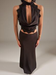 SHEIN Tall Women's Lace Patchwork Halter Top And Skirt Fashion 2 Pieces Set - Coffee Brown - View 5