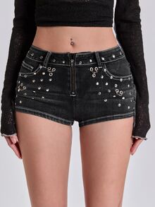 ACID BLVD Summer/Spring Y2K Millennium Style Rock Metal Studded Eyelet Gradient Decor Ultra Low Waist Skinny Denim Shorts - Grey - View 7