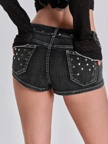 ACID BLVD Summer/Spring Y2K Millennium Style Rock Metal Studded Eyelet Gradient Decor Ultra Low Waist Skinny Denim Shorts - Grey - View 2
