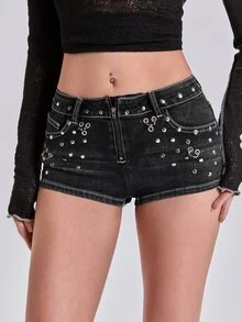 ACID BLVD Summer/Spring Y2K Millennium Style Rock Metal Studded Eyelet Gradient Decor Ultra Low Waist Skinny Denim Shorts - Grey - View 6