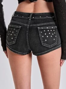 ACID BLVD Summer/Spring Y2K Millennium Style Rock Metal Studded Eyelet Gradient Decor Ultra Low Waist Skinny Denim Shorts - Grey - View 5
