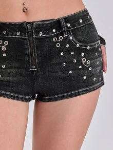 ACID BLVD Summer/Spring Y2K Millennium Style Rock Metal Studded Eyelet Gradient Decor Ultra Low Waist Skinny Denim Shorts - Grey - View 4