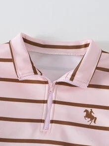SHEIN 青少年女孩 2 件套運動服套裝－粉色與棕色條紋半拉鍊抓絨套頭衛衣與運動褲 - 粉色 - 查看 8